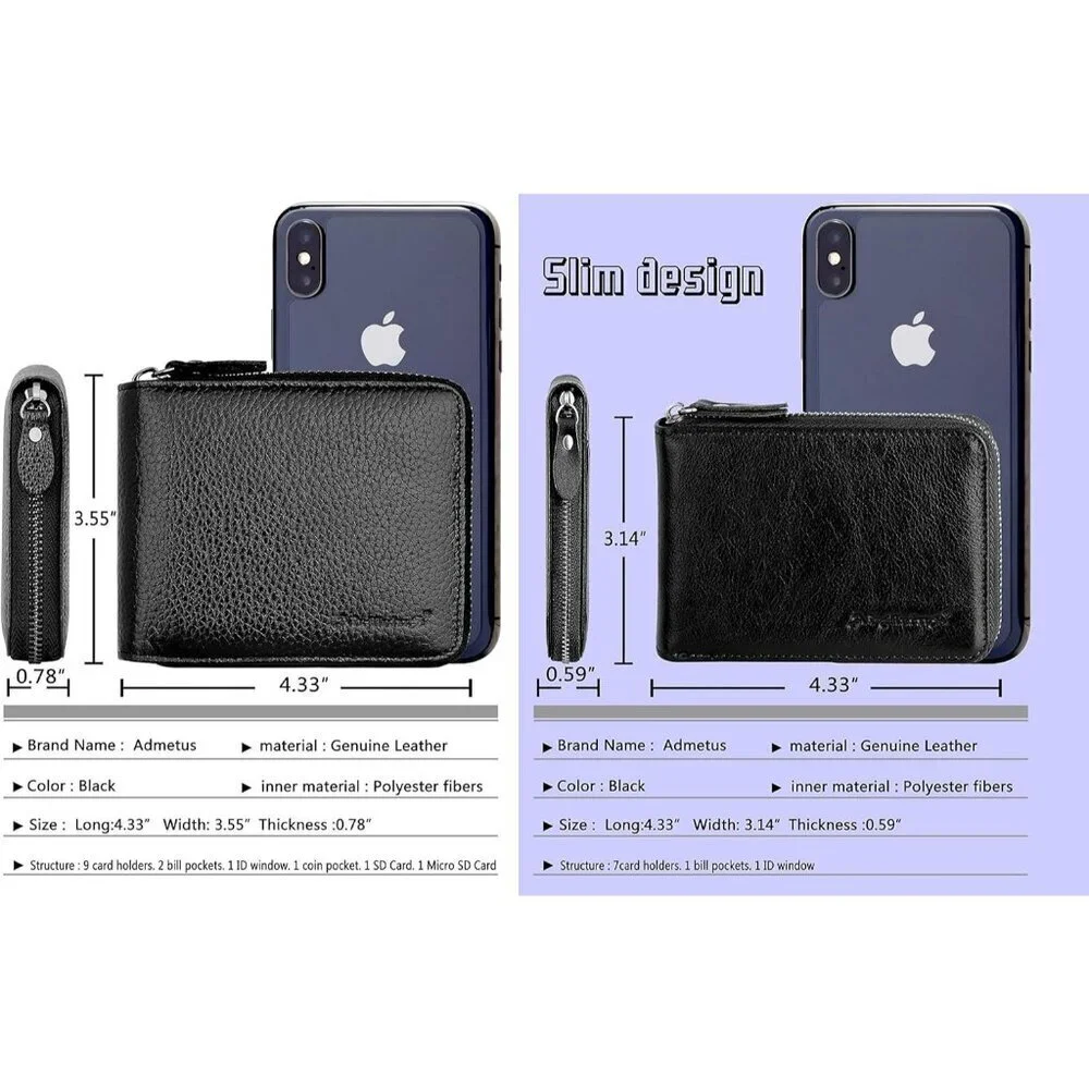 Men's Leather Black Bifold Beautiful Small Wallets Credit Card Zipper Around